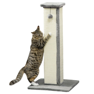 PawHut 81cm Cat Scratcher, Vertical Full Scratcher w/ Natural Sisal Rope, Hanging Ball, Soft Plush - Grey 