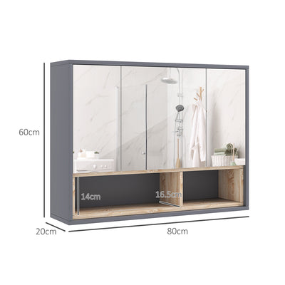 HOMCOM Bathroom Mirror Cabinet, Wall Mounted Bathroom Cabinet with Mirror, 3 Doors and Cupboards, Grey 