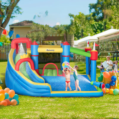 Outsunny Kids Inflatable Bouncy Castle Water Slide 6 in 1 Bounce House Jumping Castle Water Gun Climbing Wall with Air Blower for Age 3-8, 3.9 x 3 x 2m 