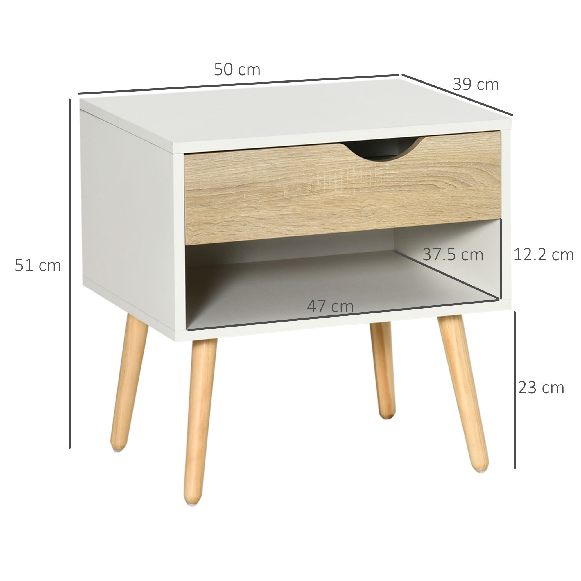 HOMCOM Bedside Table with Drawer and Shelf, Modern Nightstand, End Table for Bedroom, Living Room, Set of 2 