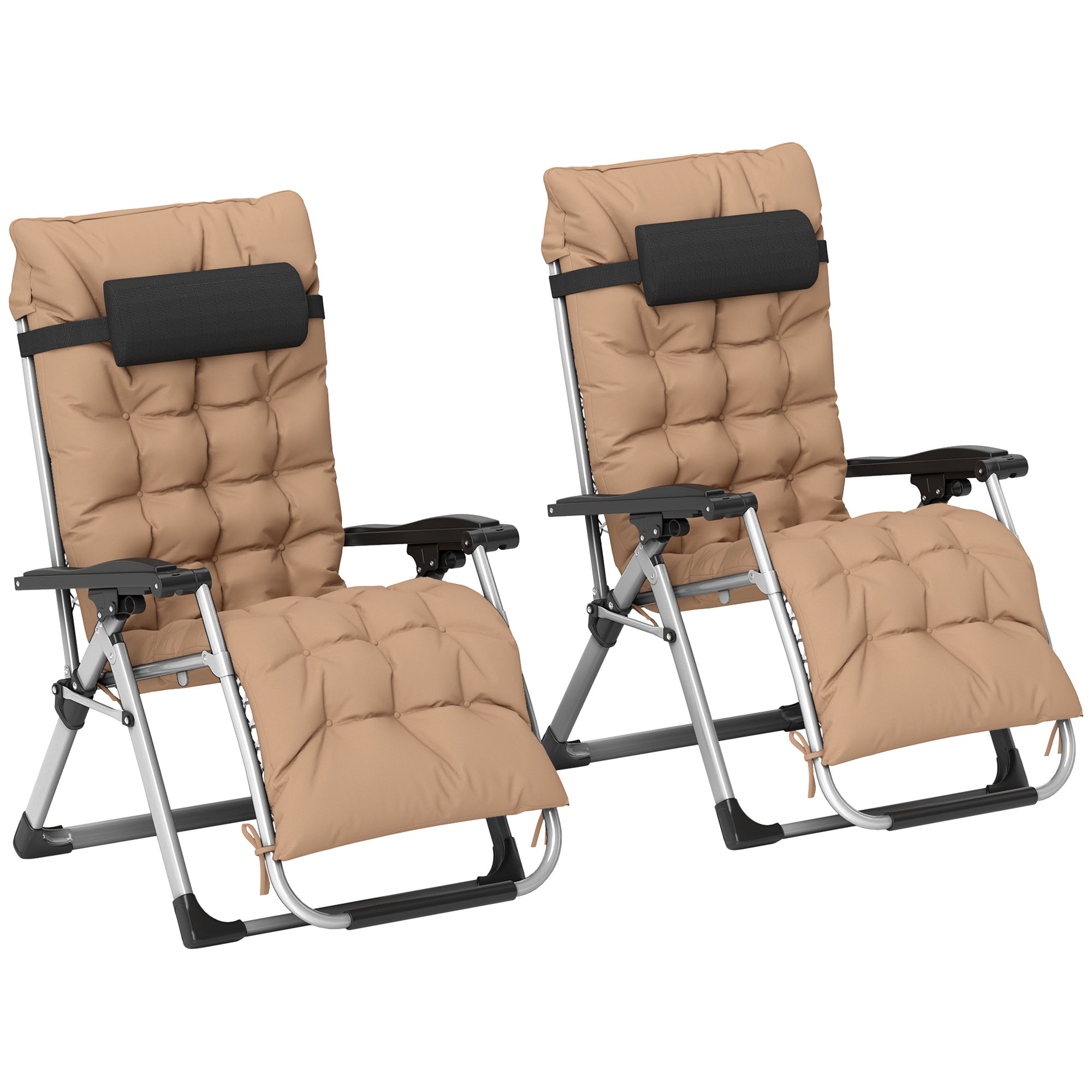 Outsunny 2 Piece Reclining Zero Gravity Sun Loungers with Cushions, Khaki 