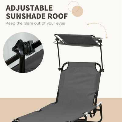 Outsunny 2 Piece Folding Sun Loungers with Canopy, Adjustable Recliner Garden Chairs with Side Pocket, Steel Frame and Breathable Mesh for Outdoor, Pool, Beach, Garden, Dark Grey 
