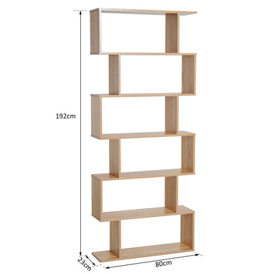 HOMCOM Bookcase, 6 Tier Shelf S Shaped Bookshelf, Storage Unit, Display Shelf for Living Room, Bedroom, Home Office, Plant, Oak 