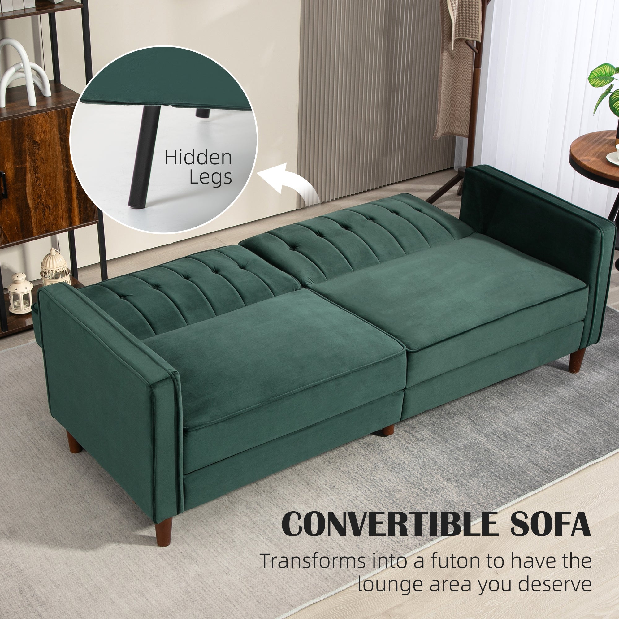 HOMCOM Velvet-Feel Three-Seater Sofa Bed - Green 