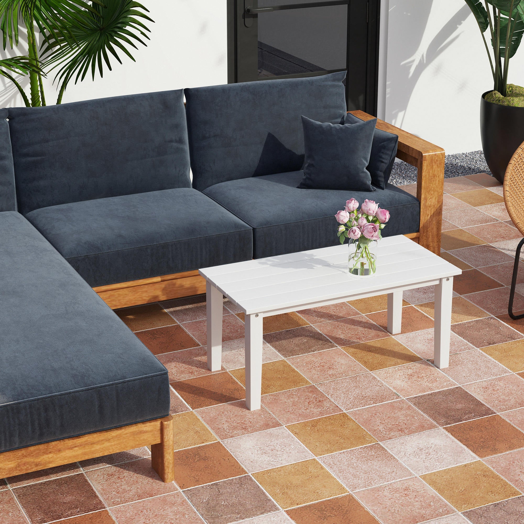 Outsunny Outdoor Garden Coffee Table, HDPE All-Weather Garden Table, Rectangular Outdoor Table with Slatted Tabletop for Patio, Balcony, 91 x 44 x 42 cm, White 