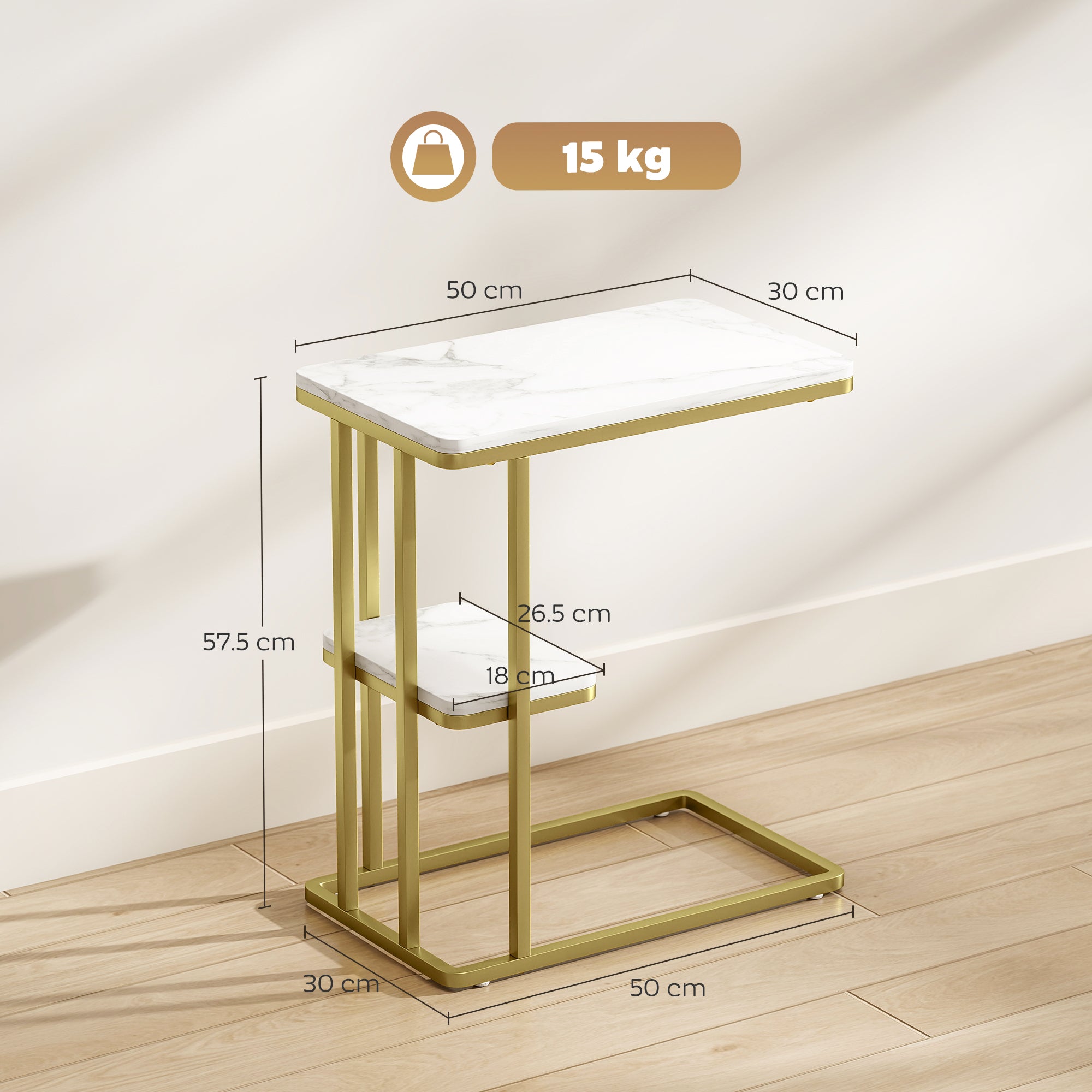 HOMCOM C-Shaped Narrow Side Table, 2-Tier Slim End Table, Nightstand for Small Spaces, Living Room, Bedroom, White Marble Grain 