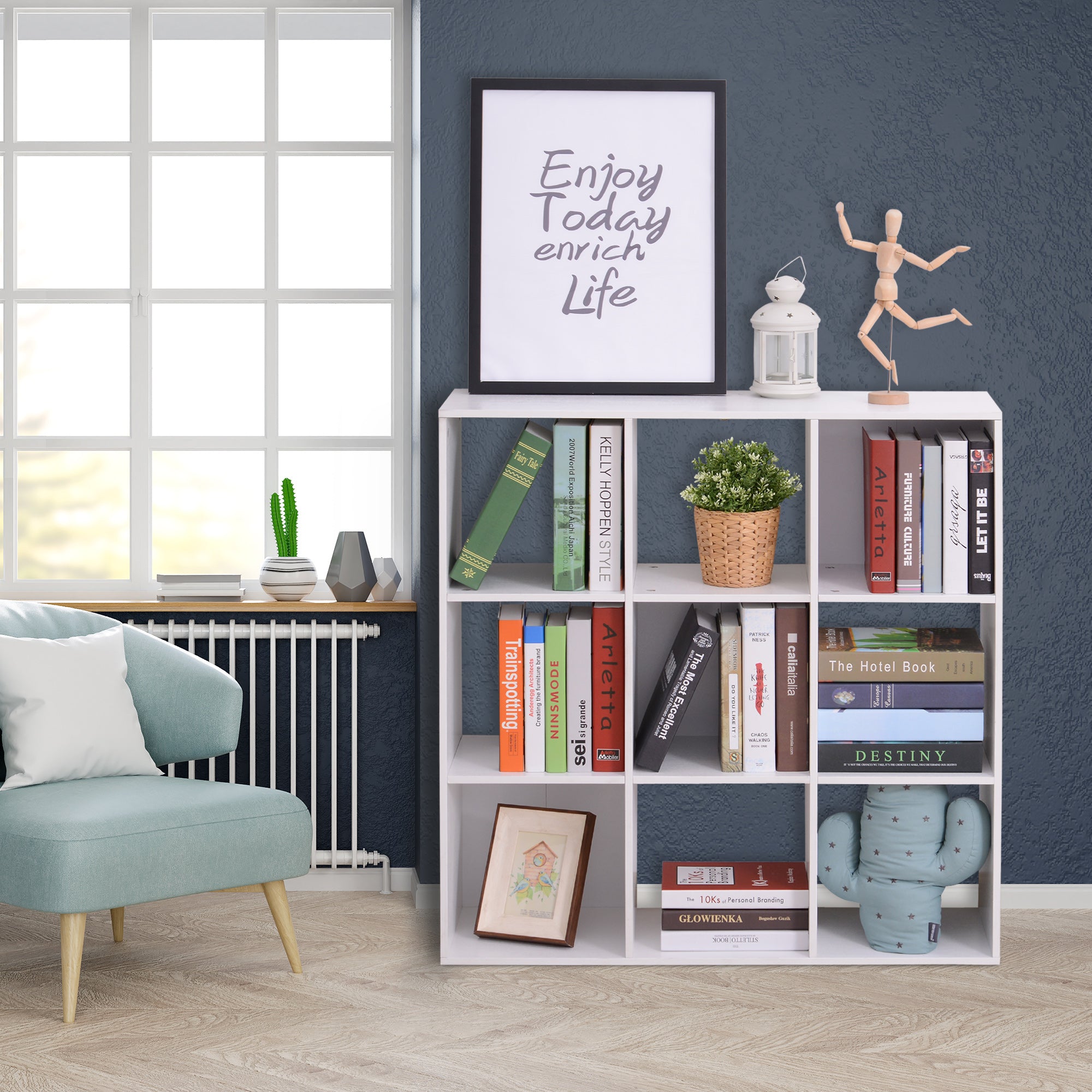 HOMCOM Wooden 9 Cube Storage Cabinet Unit 3 Tier Bookcase Shelves Organiser Rack Display  - White 