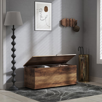HOMCOM 113L Storage Chest, Storage Box with Flip-Top Lid and 2 Safety Hinges, Storage Trunk for Living Room, Entryway, 100 x 40 x 40 cm, Grey Wood Grain 