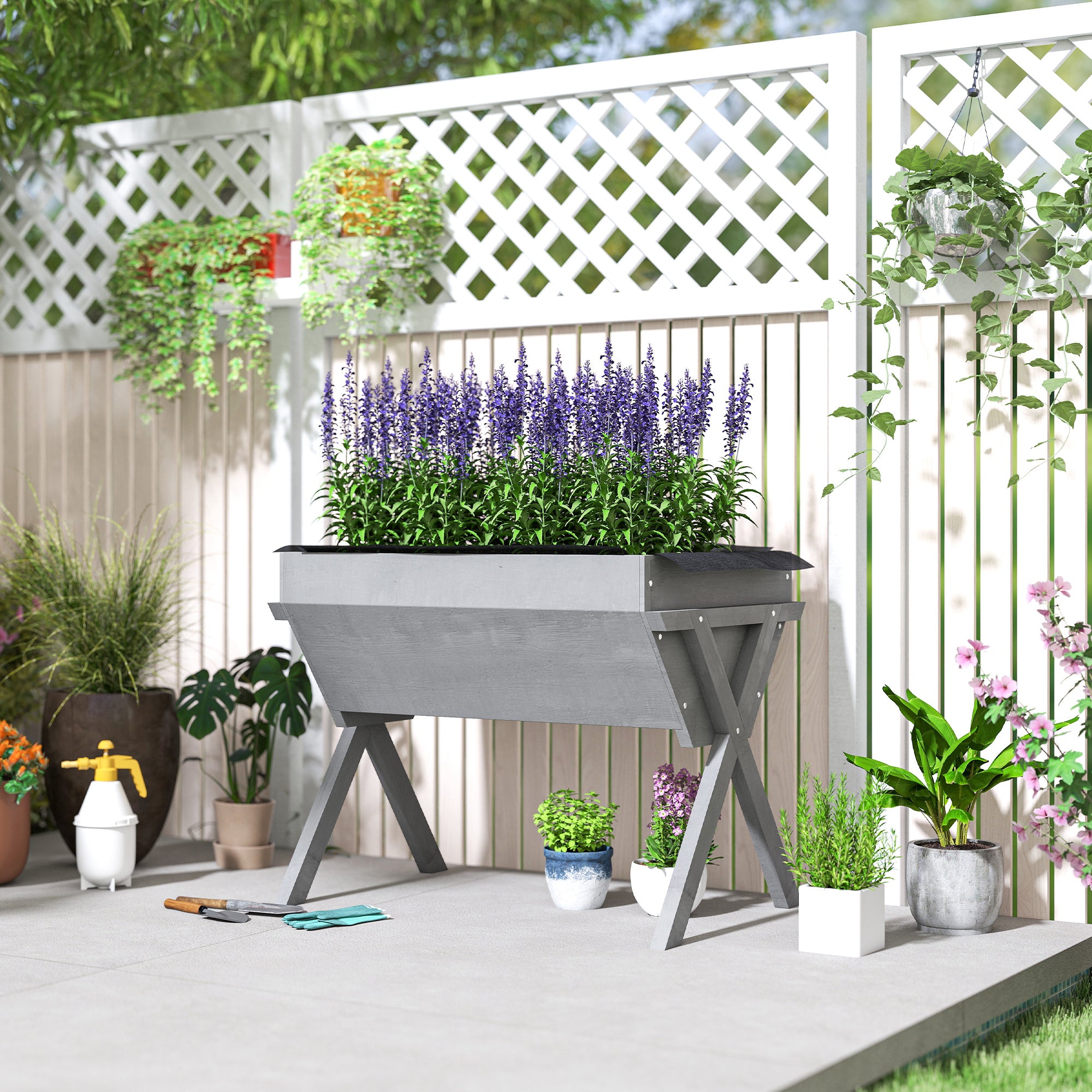 Outsunny Wooden Raised Garden Bed with Bed Liner, Elevated Planter Box with Legs, Light Grey 