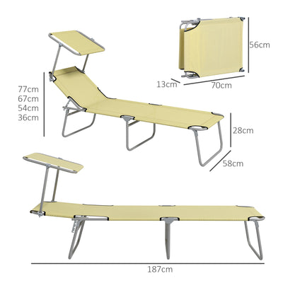 Outsunny Outdoor Foldable Sun Lounger Set of 2, 4 Level Adjustable Backrest Reclining Sun Lounger Chair with Angle Adjust Sun Shade Awning for Beach, Garden, Patio, Beige 