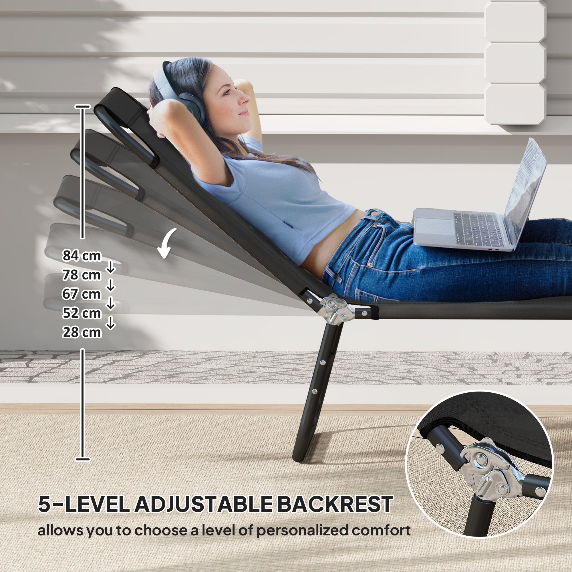 Outsunny Garden Sun Lounger, with Five-Position Back - Black 