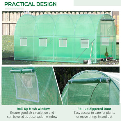 Outsunny Walk-in Polytunnel Greenhouse, Outdoor Garden Tunnel Greenhouse Tent with Zipped Roll-Up Door and 8 Mesh Windows, 4 x 2M 
