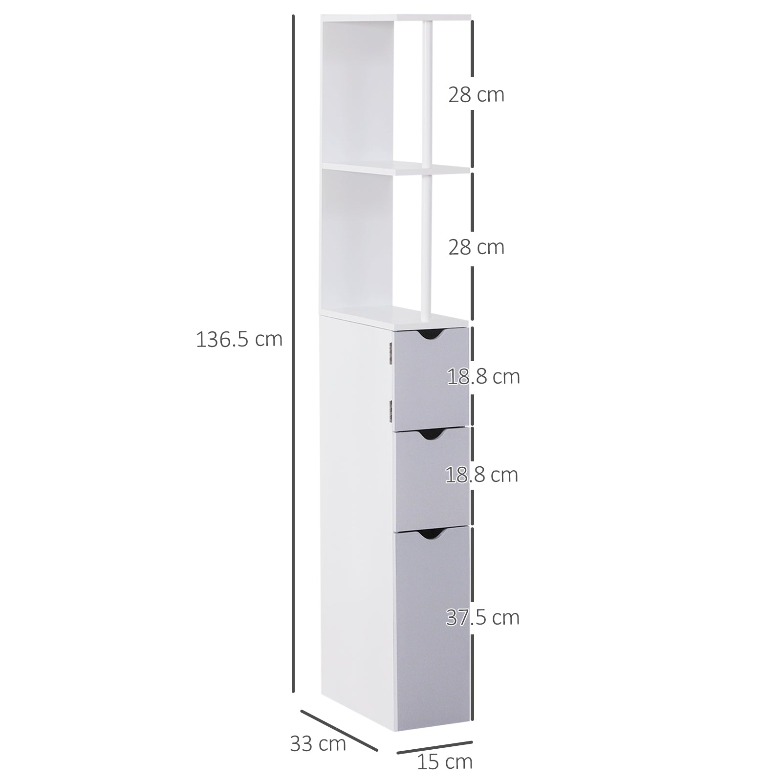 HOMCOM Tall Bathroom Cabinet, Freestanding Bathroom Storage Cabinet with 2-Tier Shelf and Drawers, Narrow Cupboard Storage Unit, White, Grey 