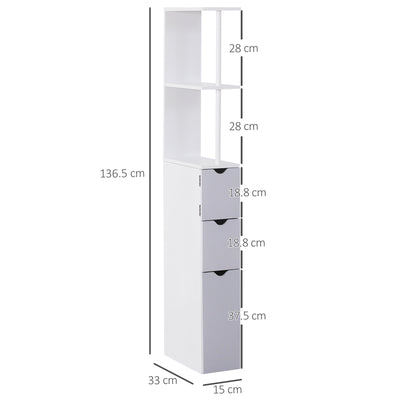 HOMCOM Tall Bathroom Cabinet, Freestanding Bathroom Storage Cabinet with 2-Tier Shelf and Drawers, Narrow Cupboard Storage Unit, White, Grey 