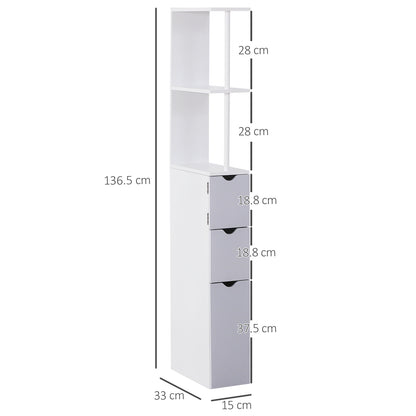 HOMCOM Tall Bathroom Cabinet, Freestanding Bathroom Storage Cabinet with 2-Tier Shelf and Drawers, Narrow Cupboard Storage Unit, White, Grey 