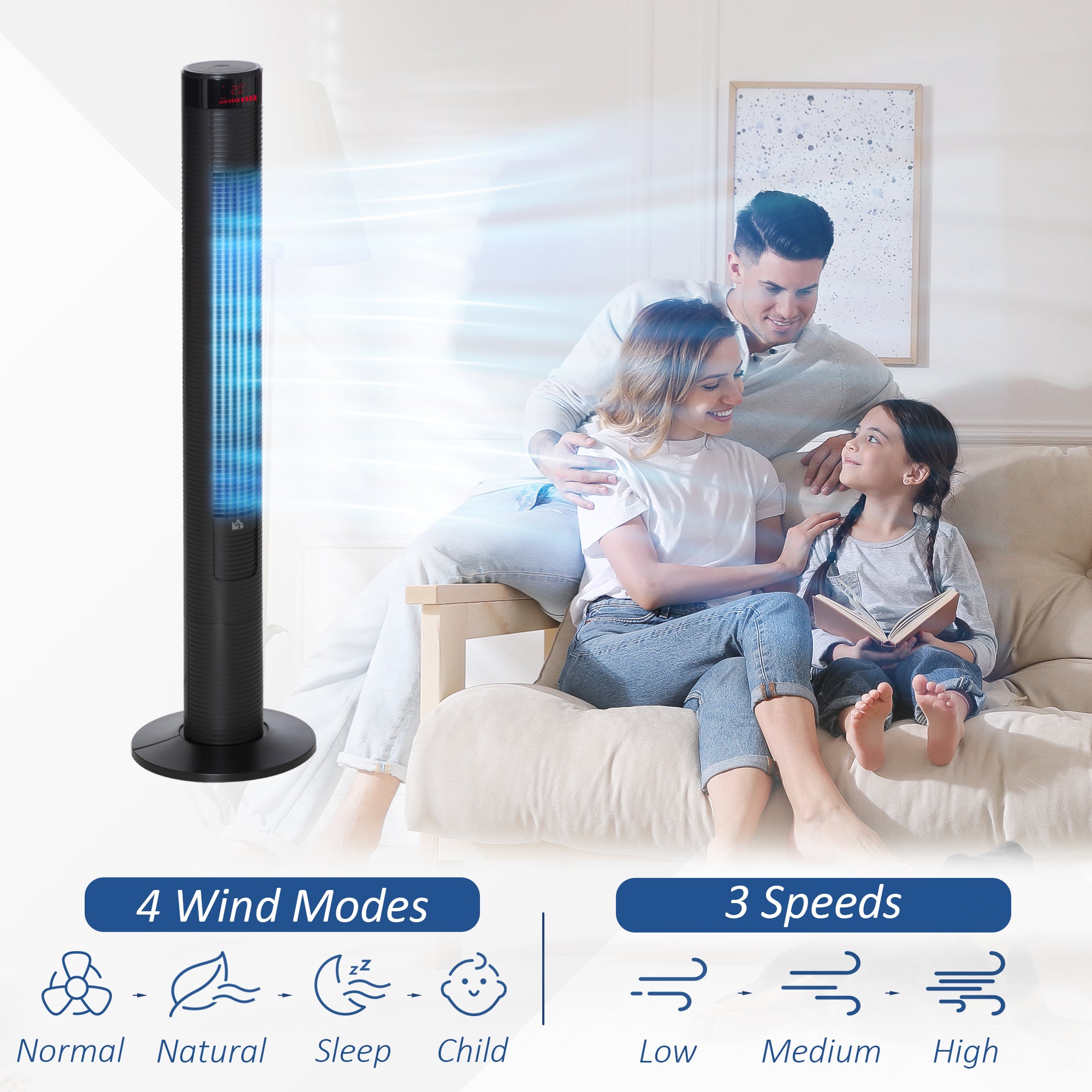HOMCOM 46" Oscillating Tower Fan with Remote Control, 12H Timer, 3 Speed, 4 Modes, Quiet Cooling Fans, Electric Floor Standing Fan for Home Bedroom Office, Black 