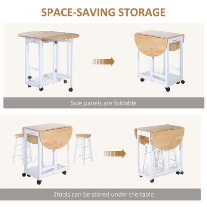 HOMCOM 3PC Wooden Kitchen Cart Mobile Rolling Trolley Folding Bar Table Two Stools Dining Chair Storage Shelf w/2 Drawers & 6 Wheels 