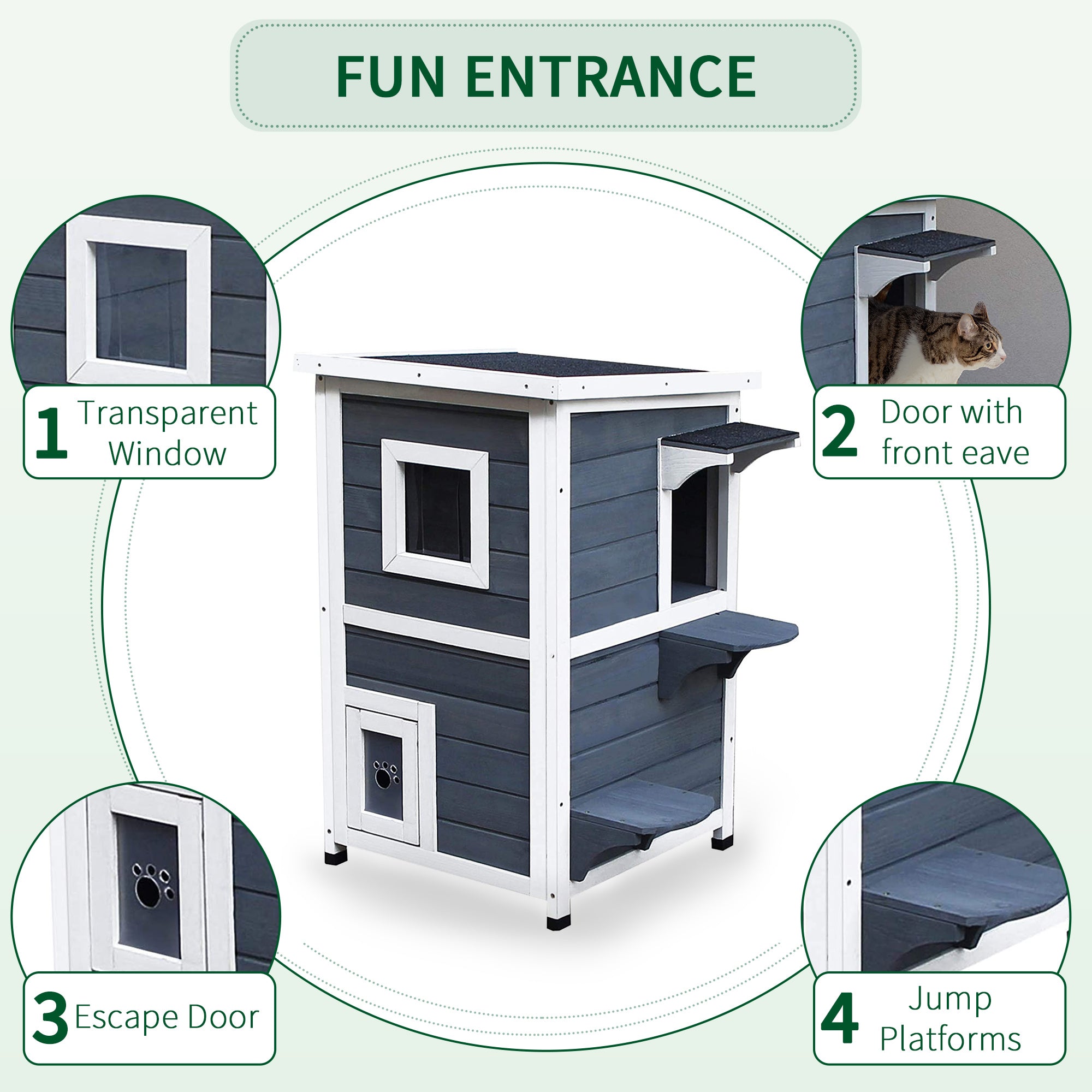PawHut Wooden Cat House 2-Floor Outdoor Kitten Shelter with Window Grey 