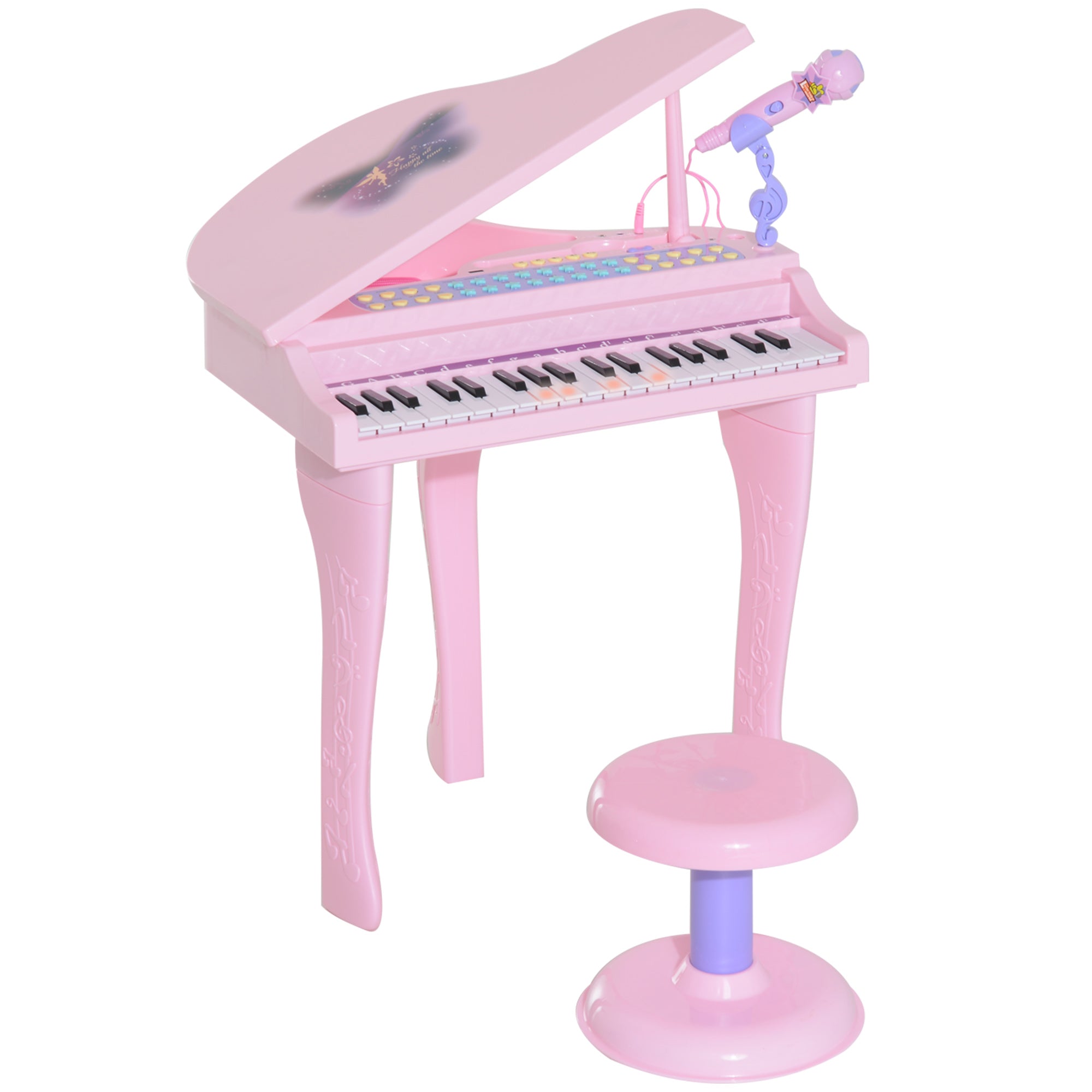 HOMCOM 37 Keys Kids Mini Electronic Keyboard Children Grand Piano with Stool Microphone Light Musical Instrument Educational Game Toy Set (Pink) 