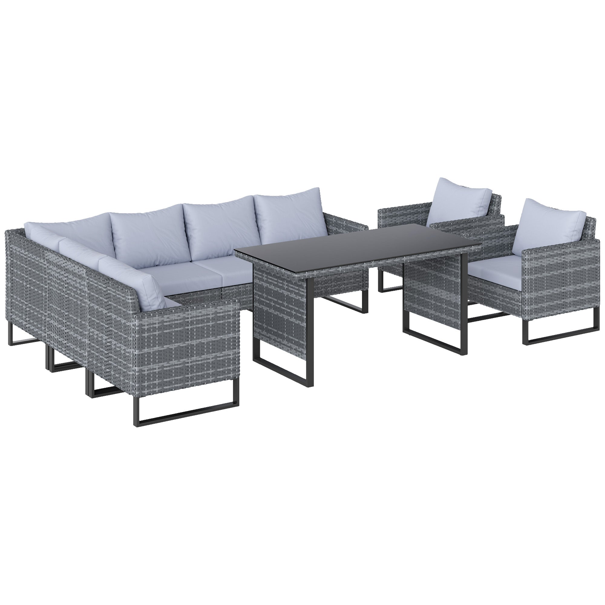 Outsunny 9 Piece Rattan Garden Furniture Set, 8 Seater Garden Corner Sofa with Cushions and Glass Top Table, Sectional Outdoor Furniture Conservatory Set for Patio, Light Grey 