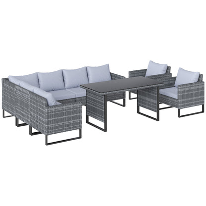 Outsunny 9 Piece Rattan Garden Furniture Set, 8 Seater Garden Corner Sofa with Cushions and Glass Top Table, Sectional Outdoor Furniture Conservatory Set for Patio, Light Grey 
