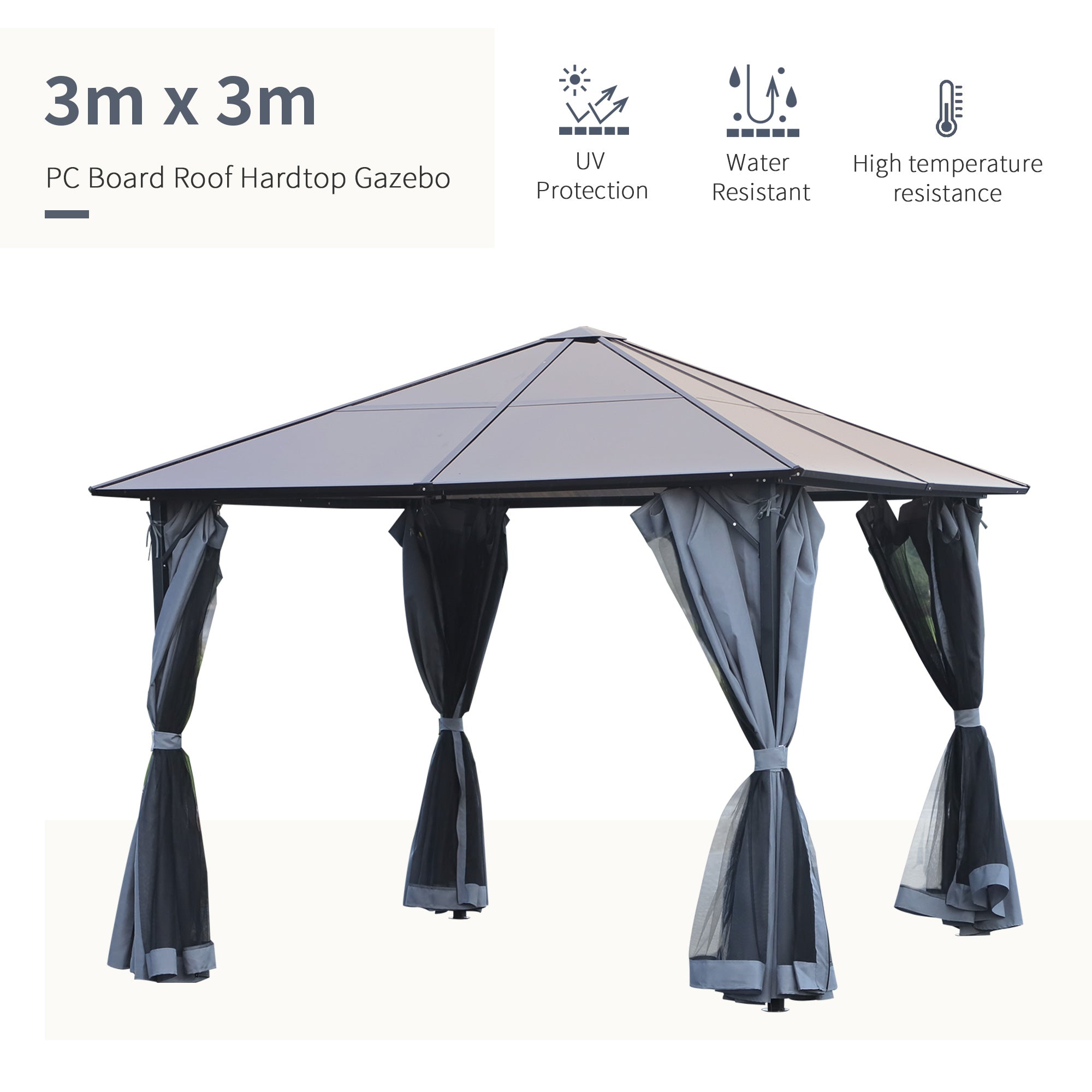 Outsunny 3m x 3m Hardtop Metal Frame Mesh Draped Gazebo Black 