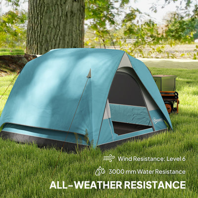 Outsunny 3-4 Person Camping Tent, Easy Set Up Waterproof Dome Tent with Sewn-in Groundsheet, Mesh Windows, Pocket and Hook for Camping, Hiking, Backpacking, Navy Blue and Light Blue 