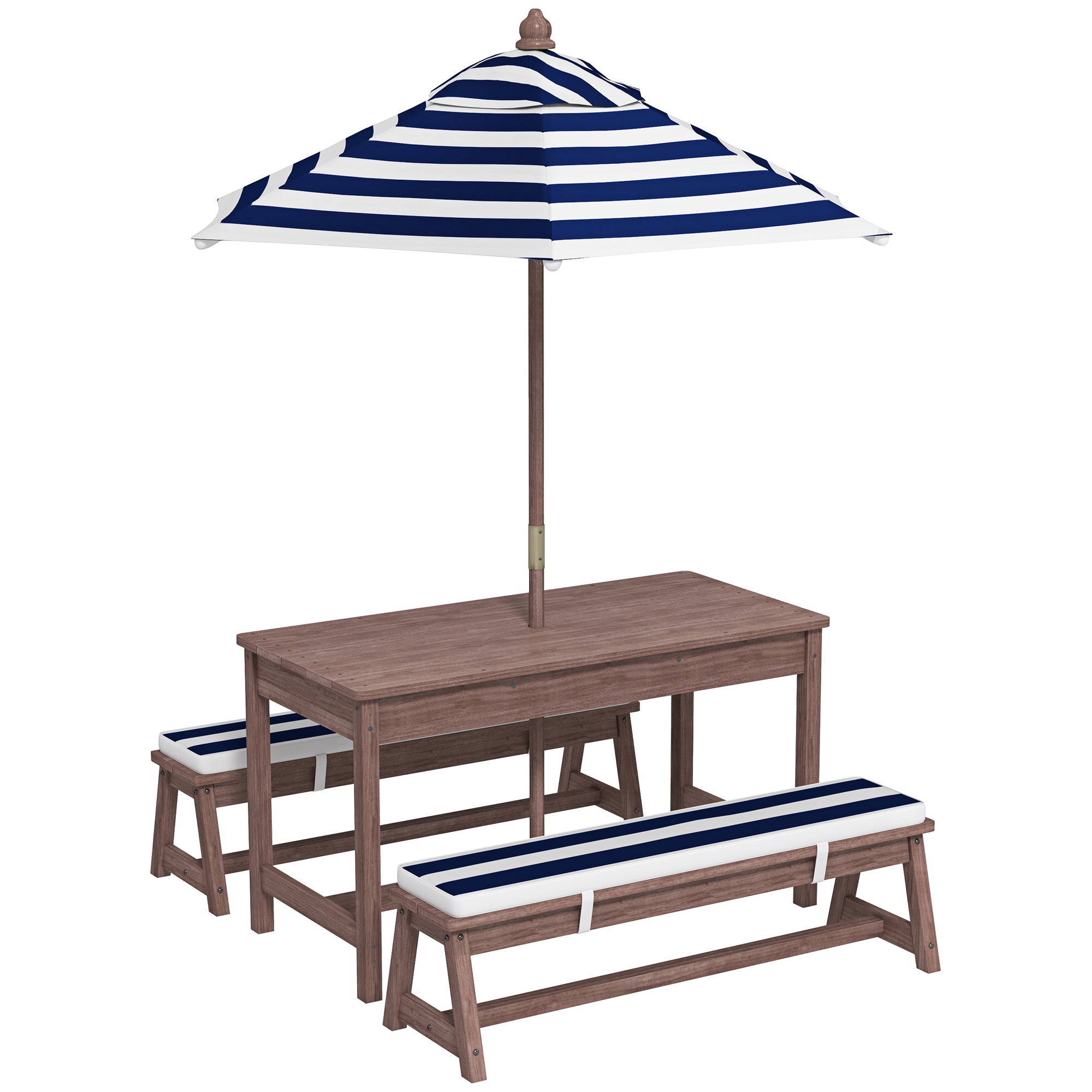 AIYAPLAY Outdoor Wooden Kids Picnic Table & Bench Set with Cushions and Umbrella, for Patio, Garden, Navy Blue 