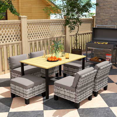 Outsunny 7-Piece Rattan Garden Dining Set, 6 Seater Wicker Garden Furniture Set with Seat and Back Cushions, Umbrella Hole, Patio Table and Chairs with Slatted Metal Top Table for Balcony, Grey 