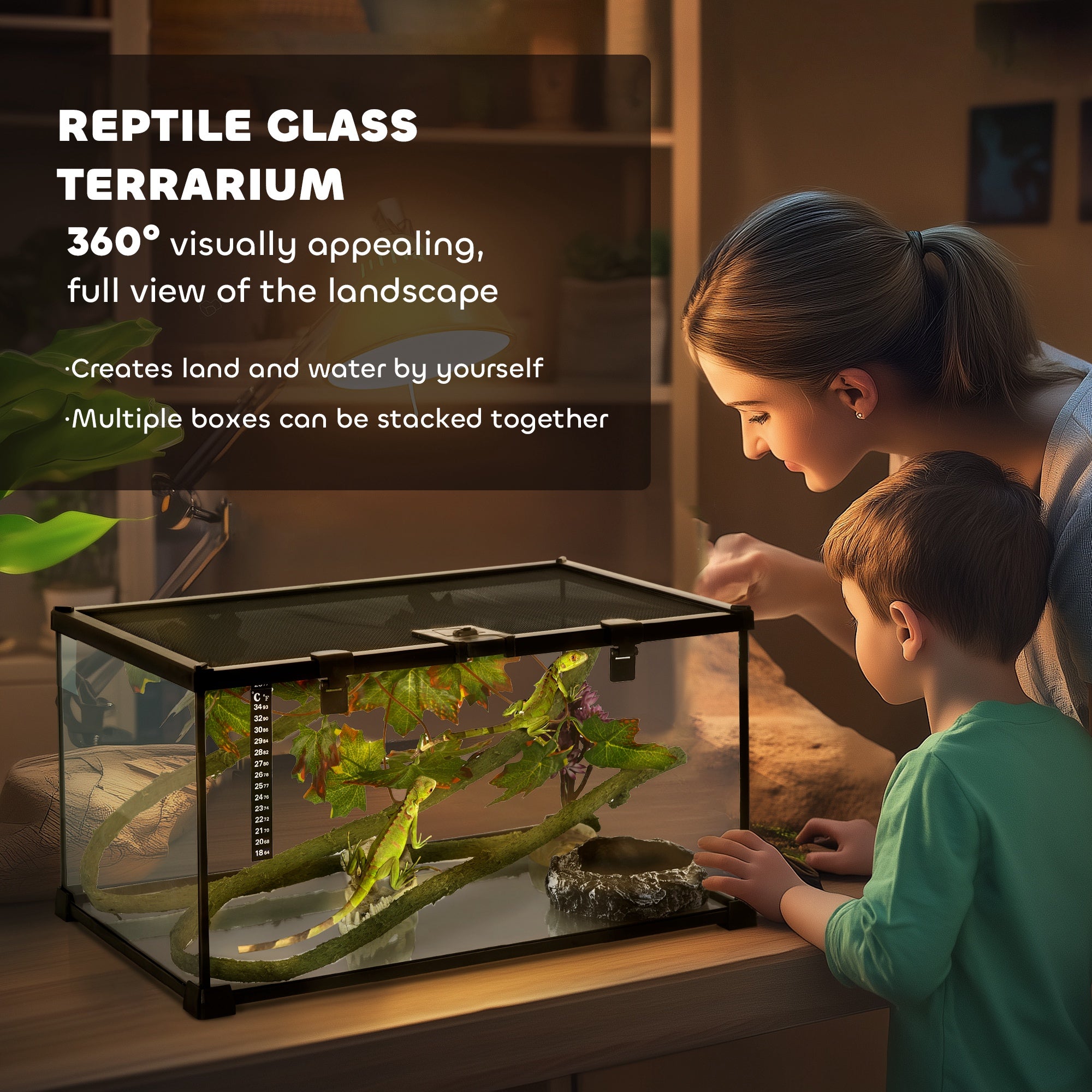 PawHut Glass Reptile Terrarium with Decor Kit, Breeding Tank with Thermometer for Small Animals, 50 x 30 x 25cm, Heated - Black 