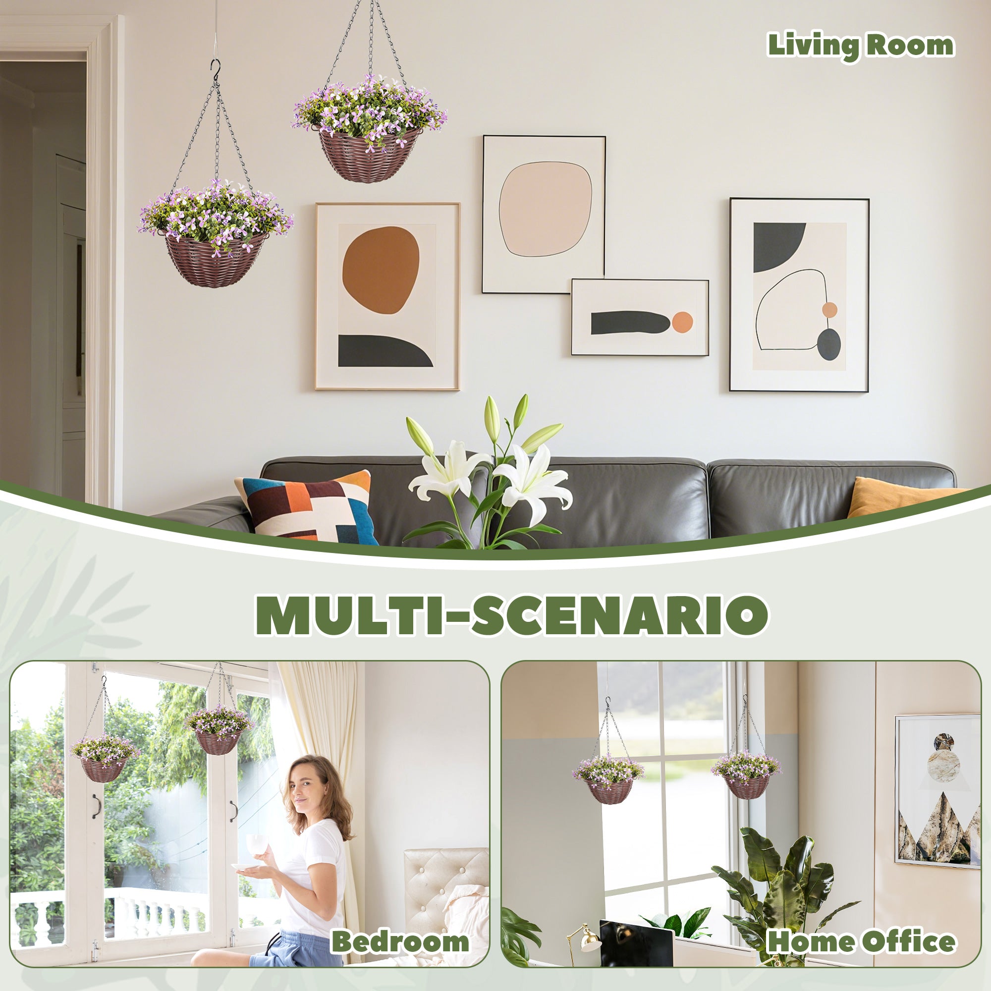 HOMCOM Artificial Flowers in Basket Set of 2, Artificial Hanging Baskets with 75 Leaves and 15 Flowers in Pot, Decorative Plant for Home Office Decor, Purple