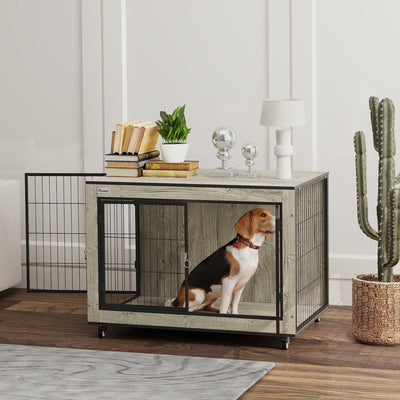 PawHut Dog Crate Furniture with Wheels, Double Doors, for Medium Dogs, 80 x 56 x 62.5cm, Grey 