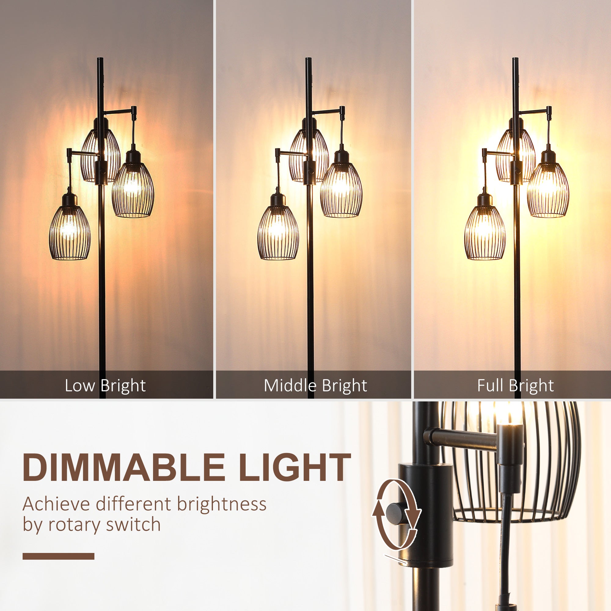 HOMCOM 170cm Industrial 3-Light Floor Lamp, Dimmable Standing Lamp with Steel Lampshades for Living Room, Bedroom, Dinging Room, Study, Black 