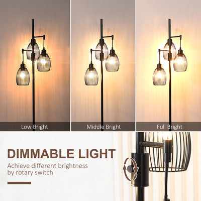 HOMCOM 170cm Industrial 3-Light Floor Lamp, Dimmable Standing Lamp with Steel Lampshades for Living Room, Bedroom, Dinging Room, Study, Black 