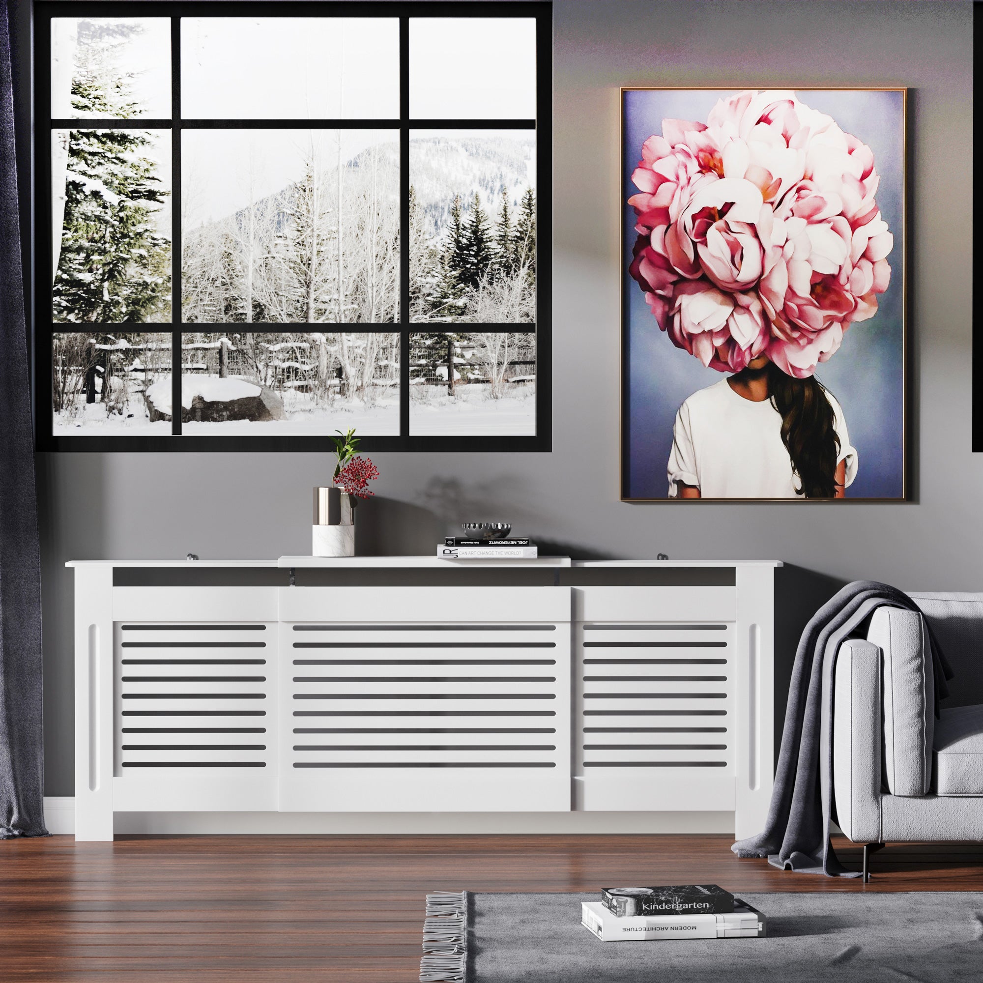 HOMCOM MDF Extendable Radiator Cover Cabinet Shelving Home Office Slatted Design White 139-208.5L x 20.5W x 82.5H cm 
