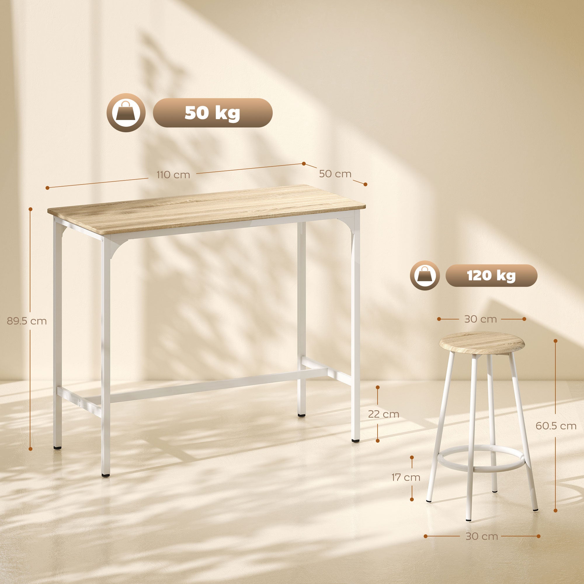 HOMCOM 5 Piece Bar Table Set for 4 with Stools, Metal Frame, Footrest for Kitchen Natural Wood 