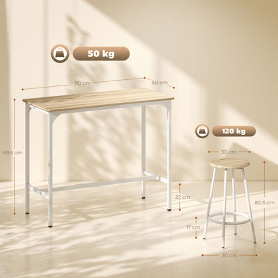 HOMCOM 5 Piece Bar Table Set for 4 with Stools, Metal Frame, Footrest for Kitchen Natural Wood 