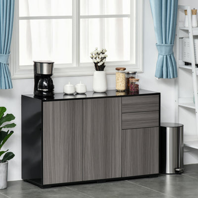HOMCOM High Gloss Side Cabinet, Push-Open Design with 2 Drawers and 2 Cabinets for Living Room, 74H x 117W x 36Dcm, Light Grey and Black 