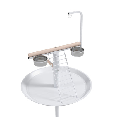 PawHut Bird Stand with Four Wheels, Perches, Stainless Steel Feed Bowls, Round Tray, for Garden, Indoor, Outdoor - White 
