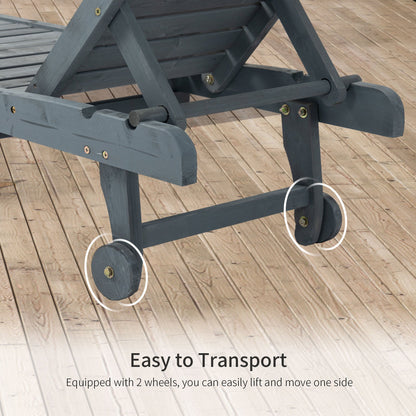 Outsunny Garden Patio Sun Lounger, Outdoor Wooden Sun Bed with Built-In Table, Reclining Backrest and Rolling Wheels for Sunbathing, Grey 