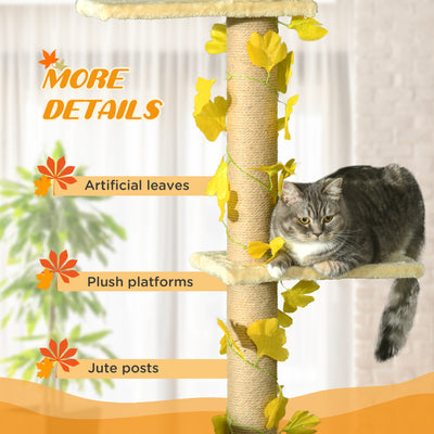 PawHut 242cm Adjustable Floor-To-Ceiling Cat Tree, with Artificial Decoration, Perches, Anti-Slip Kit - Yellow 
