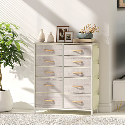 HOMCOM Chest of Ten Fabric Drawers - Natural Wood Finish 
