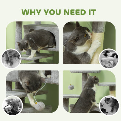 PawHut 138cm Cat Tree, Multi-Level Cat Tower with Scratching Posts and Pad, Bed, Condos, Platforms, Toy Balls, Light Grey 