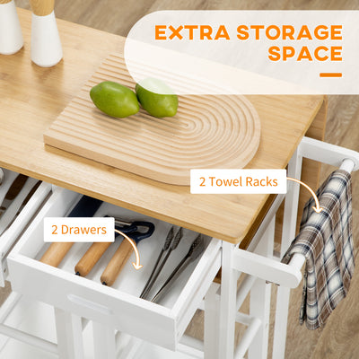 HOMCOM Kitchen Island Set with 2 Stools, Bamboo Breakfast Cart with Drop Leaf Top, Drawers and Towel Rack, Rolling Kitchen Cart and Chairs Set, White 
