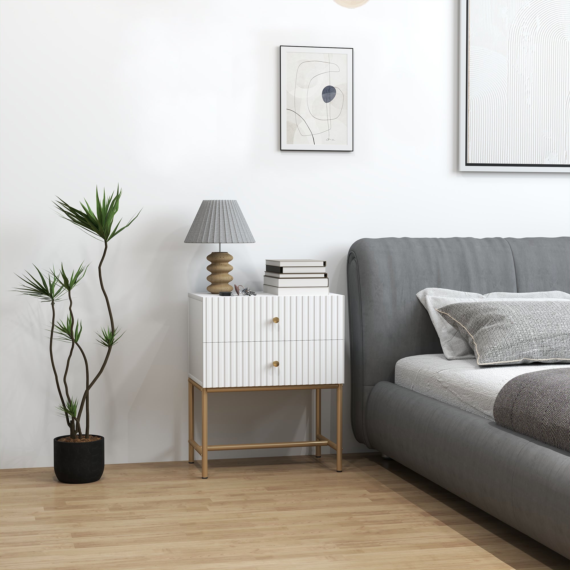 HOMCOM Elegant Two-Drawer Bedside Table - White