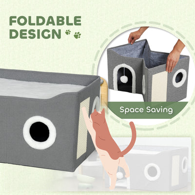 PawHut Cat Bed for Indoor Pets, Foldable Cat House with Fluffy Ball and Scratch Pad for Small and Medium Pets, Grey 