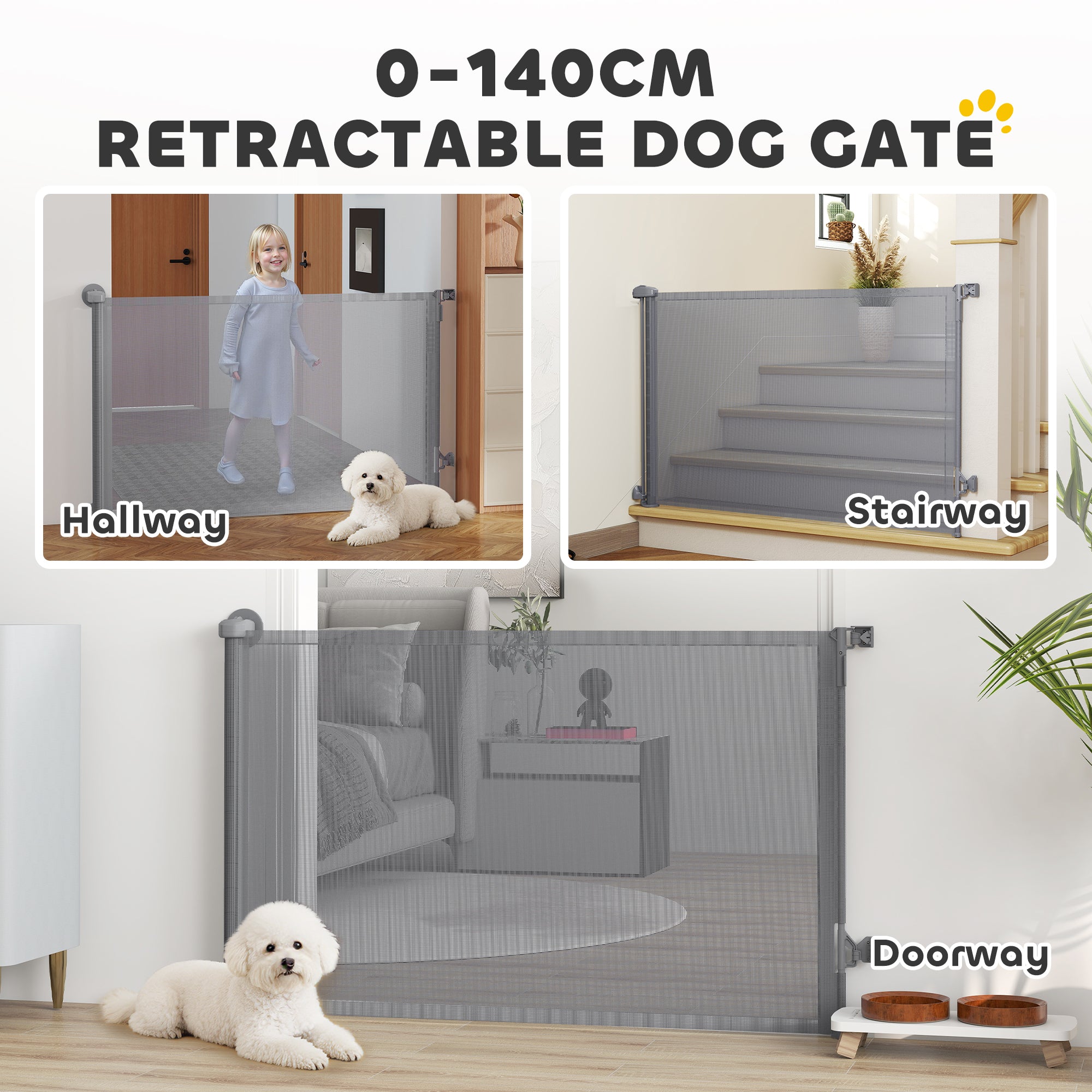 PawHut Retractable Dog Gate, Extends to 140 cm Wide & 93 cm Tall, Mesh Pet Gate with Single Hand Operation, for Stairs Doorways 