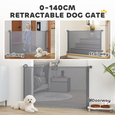 PawHut Retractable Dog Gate, Extends to 140 cm Wide & 93 cm Tall, Mesh Pet Gate with Single Hand Operation, for Stairs Doorways 