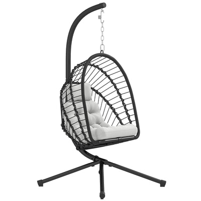 Outsunny Outdoor PE Rattan Swing Chair with Cushion, Garden Foldable Basket Patio Hanging Egg Chair with Metal Stand, Headrest, for Indoor and Outdoor, Black 