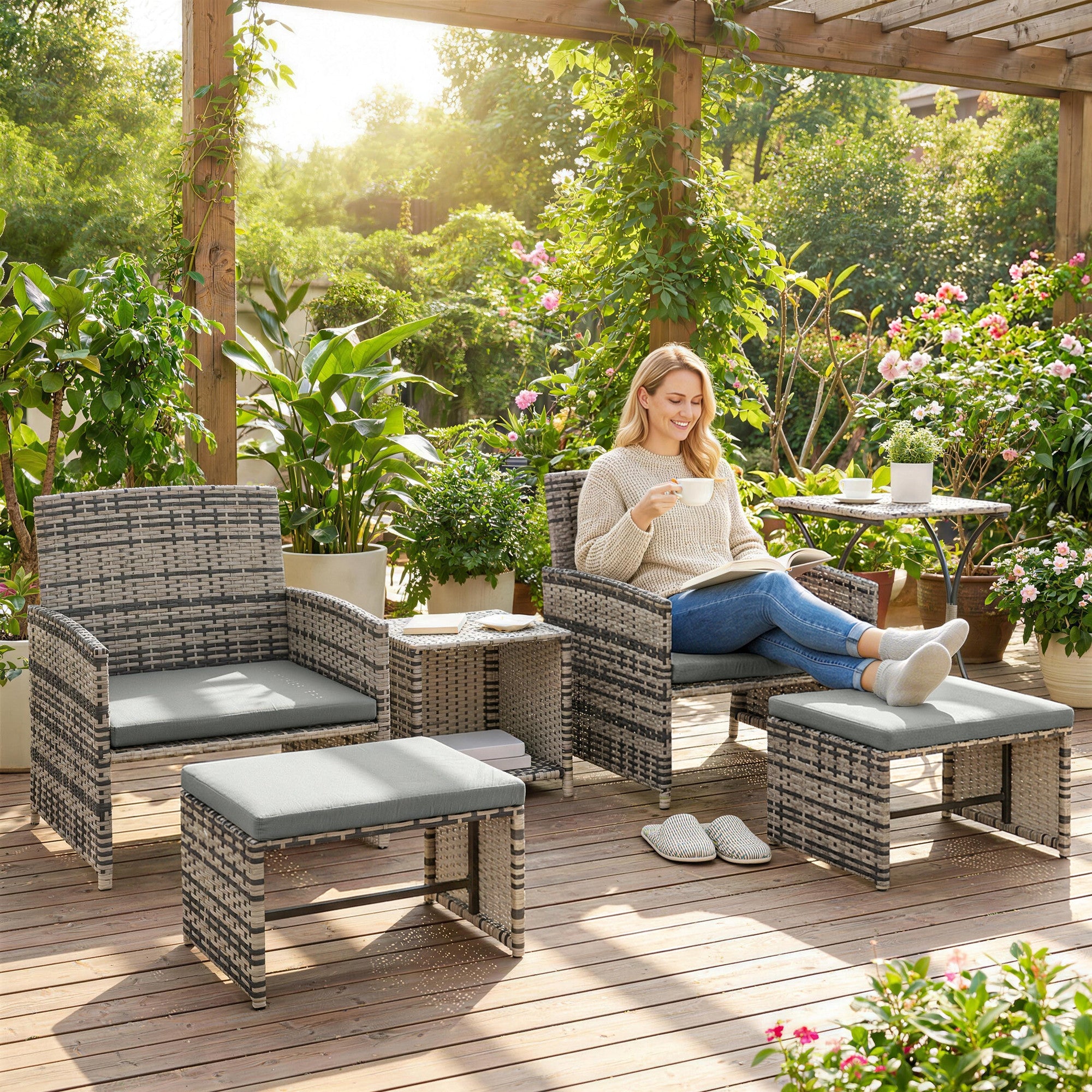 Outsunny 6 Piece Rattan Garden Furniture, Space-Saving Patio Furniture Set with Nesting Tables, Chairs, Stools, Cushions, Grey 